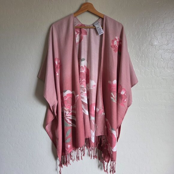 Chico's Floral Fringe Ruana Kimono Wrap Ombre Pink Women's One Size Open Front - Picture 1 of 10